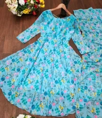 Flower Print Long Kurti With Dupatta  - Curious Blue, M/S/Xl/Xxl