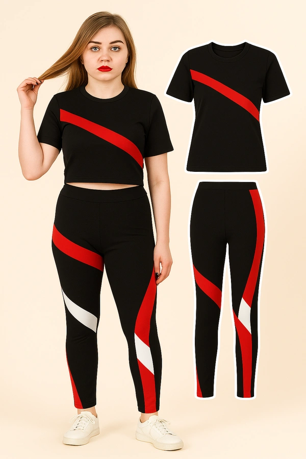 Stylish Women's Black & Red Activewear Co-ord Set – Stretchable T-Shirt & Leggings for Gym, Yoga & Daily Wear - S, M L, XL, XXL