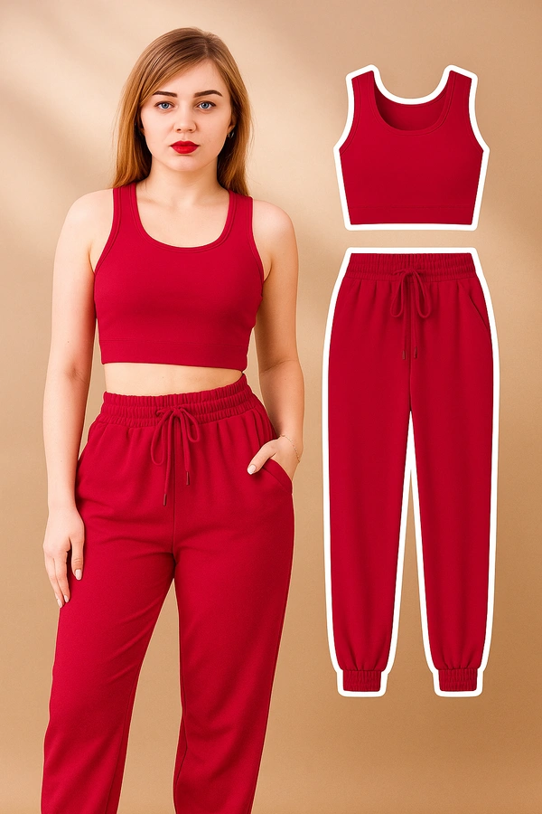 Red Co-ord Set for Women – Sleeveless Sports Crop Top & Jogger Pants | Stylish Gym & Lounge Wear