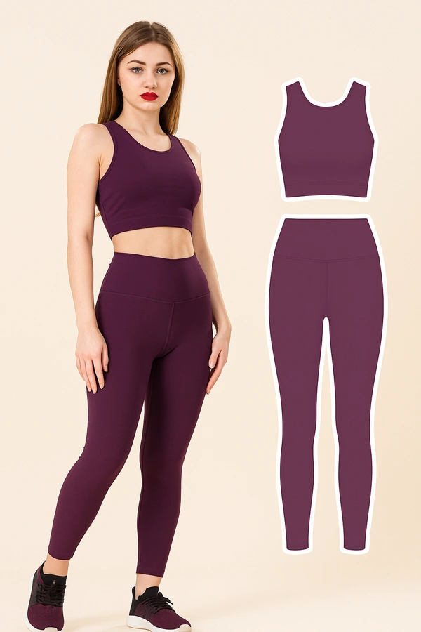 Plum Co-ord Set for Women – High-Waist Leggings & Sleeveless Crop Top | Gym & Yoga Activewear - Free Size, Black, Purpul