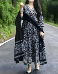 Black Pure Cotton Kurti Pant Dupatta Set -Perfect for Festive and Casual Wear - L