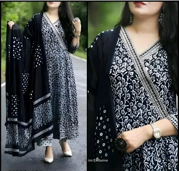 Black Pure Cotton Kurti Pant Dupatta Set -Perfect for Festive and Casual Wear - L