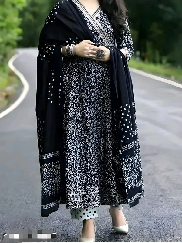 Black Pure Cotton Kurti Pant Dupatta Set -Perfect for Festive and Casual Wear - XL