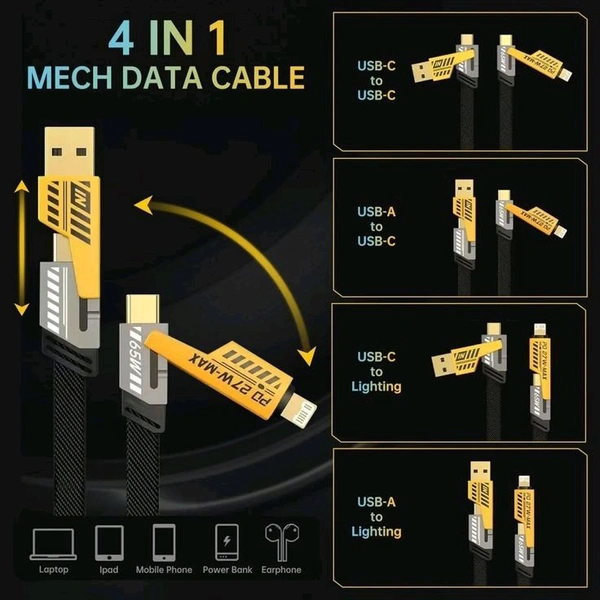 USB Type C Charging Cable , USB C Data Cable , 4 in 1 USB C to Lightning Data Cable , USB C to USB A Cable USB A to lightning Fast Charging Data cable PD65W Fast Charging USB C Cable - Yellow