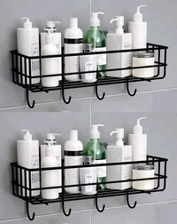 (PACK OF 2) Steel Self-Adhesive Multipurpose Bathroom Shelf with Hooks/Towel Holder/Rack/Bathroom Accessories-Wall Mount - Pack of 2 (Black,Powder Coated)
Material: Stainless Steel