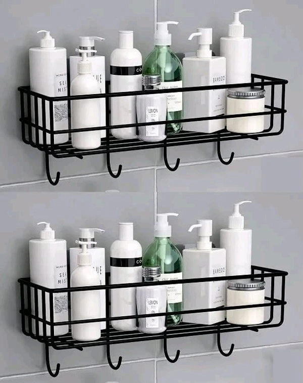 (PACK OF 2) Steel Self-Adhesive Multipurpose Bathroom Shelf with Hooks/Towel Holder/Rack/Bathroom Accessories-Wall Mount - Pack of 2 (Black,Powder Coated)
Material: Stainless Steel