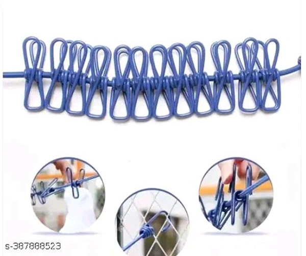 Clothes Hanging 2 Hook Drying Rope 12 Clips Portable Outdoor Travel Clotheslin Plastic, Steel Retractable Clothesline