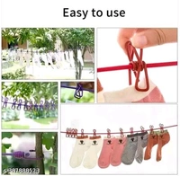 Clothes Hanging 2 Hook Drying Rope 12 Clips Portable Outdoor Travel Clotheslin Plastic, Steel Retractable Clothesline