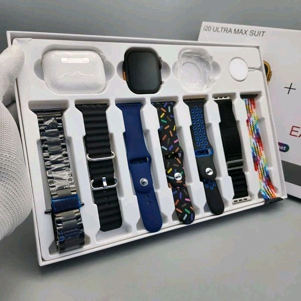 i20 Ultra MAX Suit(10 in 1 Set) SmartWatch + Aiir pods Pro with Transparent Screen Guard Watch with Seven Decorated Straps