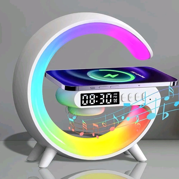 Plastic 3-in-1 Night Light Bluetooth Speaker with 15W Wireless Mobile Charger, Rechargeable LED Desk lamp, Atmosphere Lamp G-Shape Speaker, Bedside Lamp for Bedroom, Room Decor, Gift