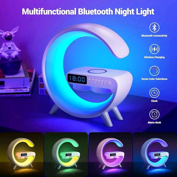 Plastic 3-in-1 Night Light Bluetooth Speaker with 15W Wireless Mobile Charger, Rechargeable LED Desk lamp, Atmosphere Lamp G-Shape Speaker, Bedside Lamp for Bedroom, Room Decor, Gift