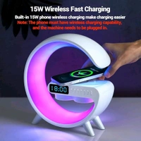 Plastic 3-in-1 Night Light Bluetooth Speaker with 15W Wireless Mobile Charger, Rechargeable LED Desk lamp, Atmosphere Lamp G-Shape Speaker, Bedside Lamp for Bedroom, Room Decor, Gift