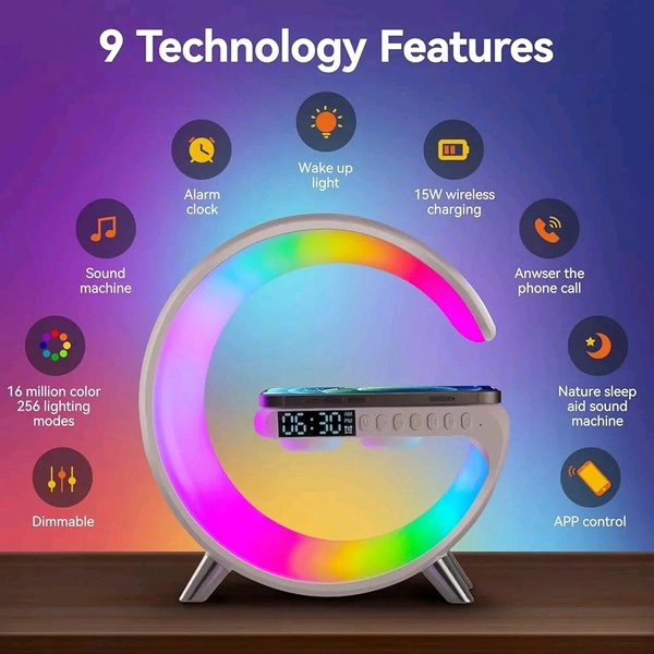 Plastic 3-in-1 Night Light Bluetooth Speaker with 15W Wireless Mobile Charger, Rechargeable LED Desk lamp, Atmosphere Lamp G-Shape Speaker, Bedside Lamp for Bedroom, Room Decor, Gift