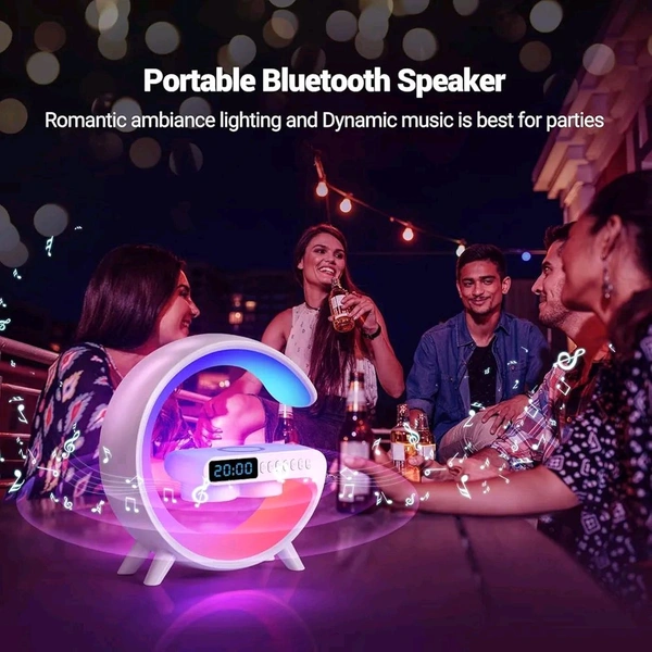Plastic 3-in-1 Night Light Bluetooth Speaker with 15W Wireless Mobile Charger, Rechargeable LED Desk lamp, Atmosphere Lamp G-Shape Speaker, Bedside Lamp for Bedroom, Room Decor, Gift