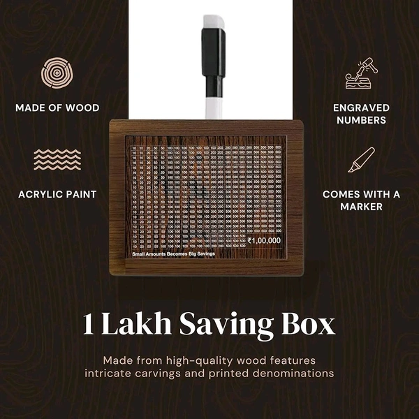 Money Bank with Amount 100000 Piggy Bank for Girls and Boys - Carved Wooden Money Saving Box - Money Box Gullak for Adults