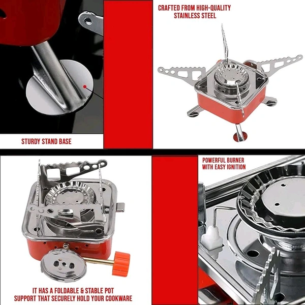 Jbiya Portable Camping Gas Stove for Travel Stainless Steel Body Folding Furnace Cooking Stove Lightweight Gas Burner for Hiking, Outdoor Picnic & Emergency Cooking Use with Storage Bag