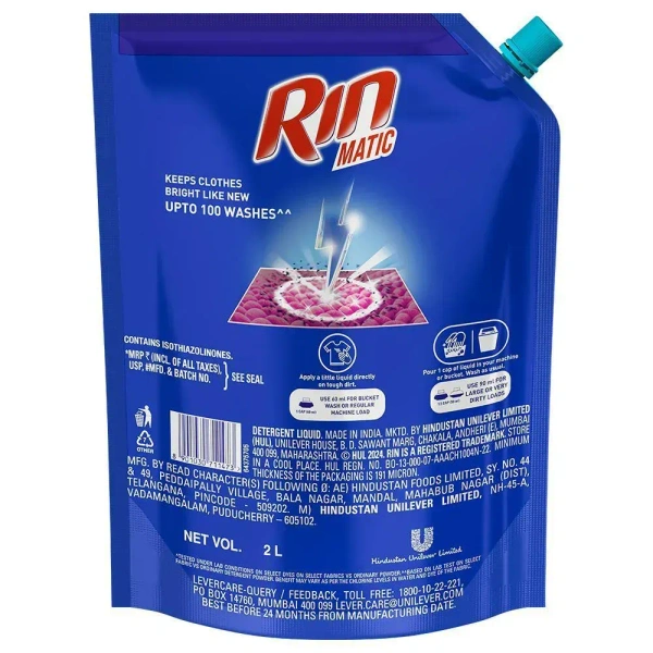rin Rin Matic Top Load Bright Lock Technology Liquid Detergent 2 L - 2l, 2 l, 3 to 4 days