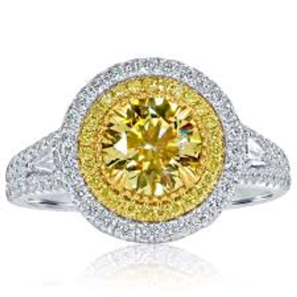Yellow Round LGD Diamond,  with Side Two Halo Settings,V