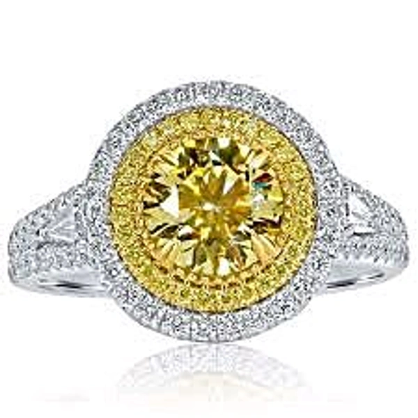 Yellow Round 2 Carat LGD Diamond,  Two Halo White Diamond