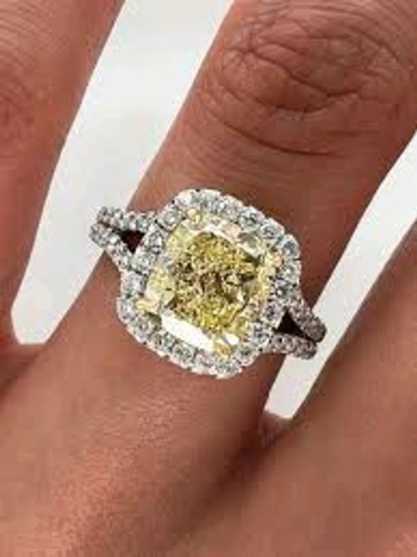 Yellow LGD Diamond, Cushion Shape, 2 cts ,  Surrounded by Halo White Diamond 