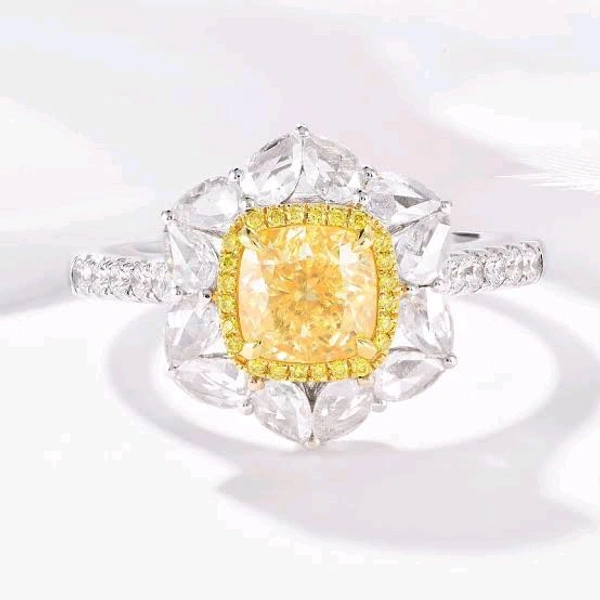 Yellow LGD Diamond Cushion Shape,  Surrounded by Pear Shape LGD Diamond - Ring
