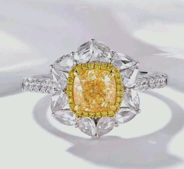 Yellow LGD Diamond Cushion Shape,  Surrounded by Pear Shape LGD Diamond - Ring