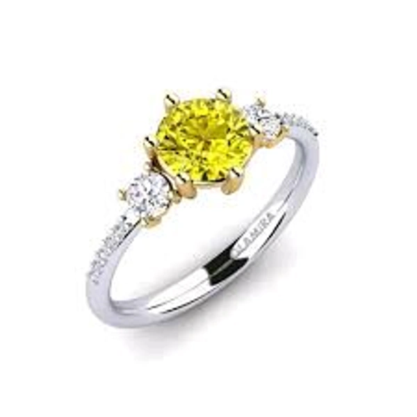 Yellow Diamond 1 Cts LGD Round Shape, Side Two Round White LGD Diamond, Remarkable Engagement Ring