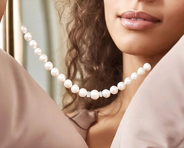 Real Pearl Necklace  with LGD Diamond Spacer - Certified Sea Water Cultured White Pearl