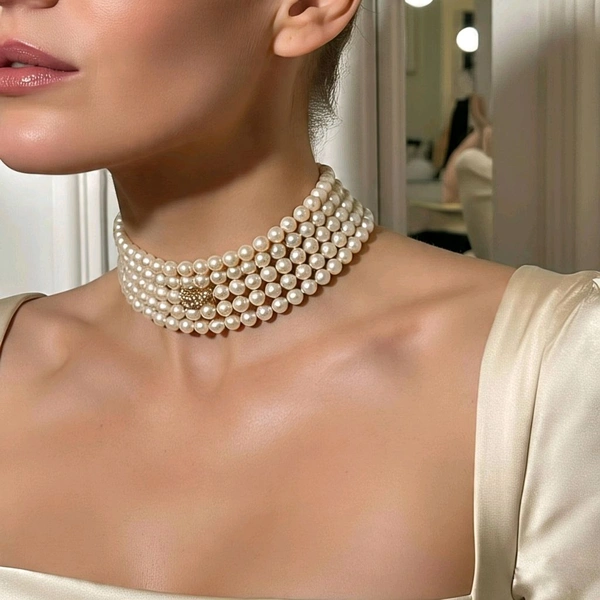 Real Pearl Choker Necklace / Party Wear, Center LGD Diamond Studded Designer Motif - Certified Pearls 