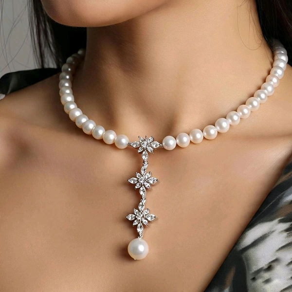 Real Pearl Choker Necklace / Party Wear, Center LGD Diamond Studded Designer Motif  - Certified Pearls