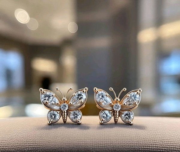Butterfly Diamond Stud Earrings - Pink