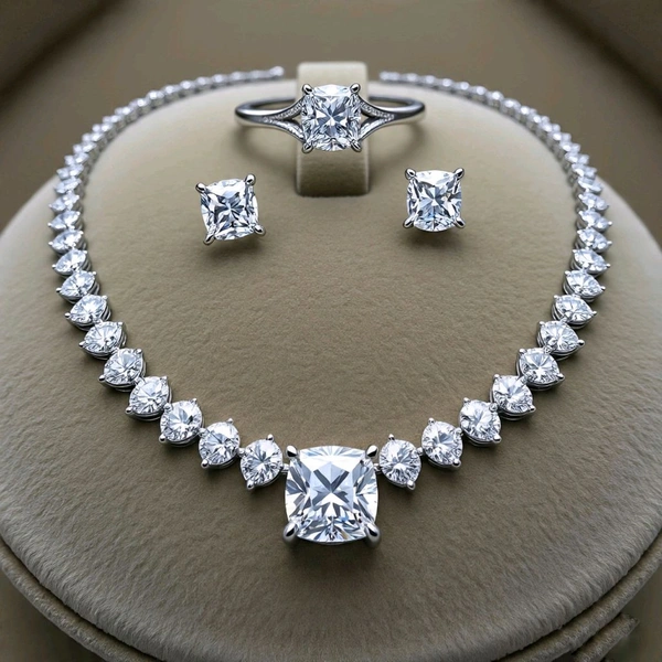 Solitaire Cushion & Round Set - Necklace, Earrings, Ring 