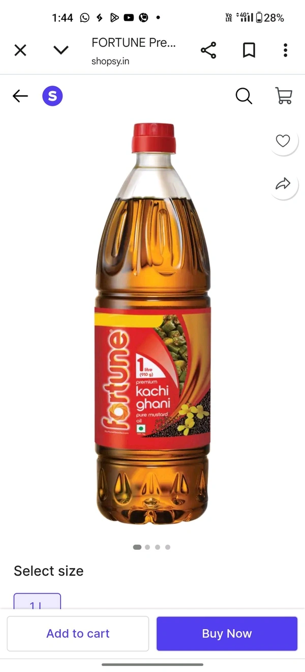 Fortune Kacchi Dhani Oli Prime 100% Quality  (Pure Mustard Oil)