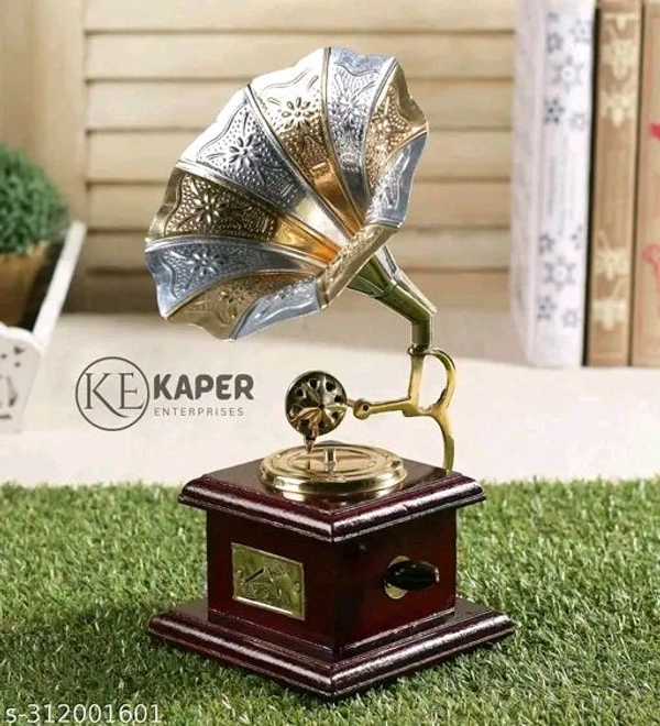 KAPER Gramophone Showpiece for Home Decor Antique Wooden Vintage Brass Showpiece Items for Living Room. - Gold