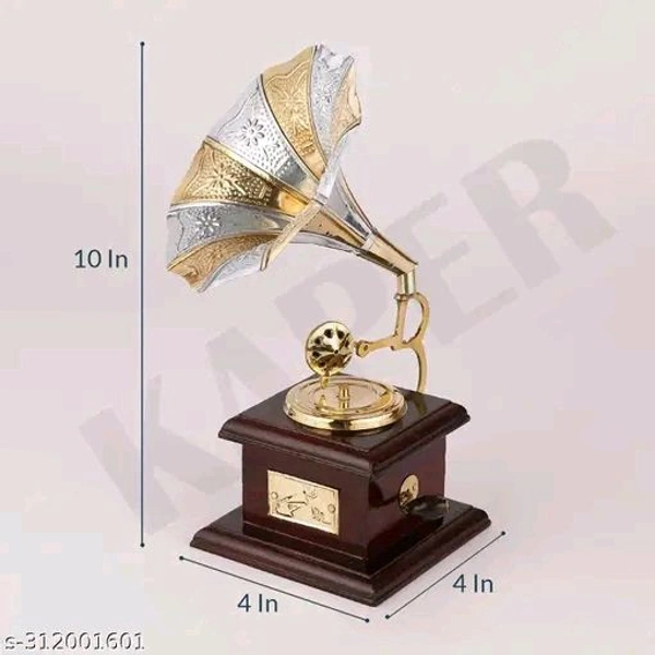 KAPER Gramophone Showpiece for Home Decor Antique Wooden Vintage Brass Showpiece Items for Living Room. - Gold