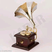 KAPER Gramophone Showpiece for Home Decor Antique Wooden Vintage Brass Showpiece Items for Living Room. - Gold