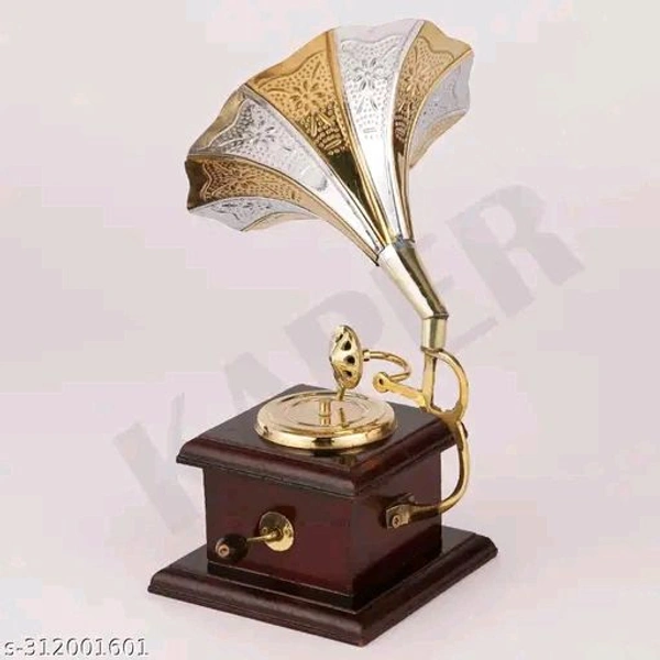KAPER Gramophone Showpiece for Home Decor Antique Wooden Vintage Brass Showpiece Items for Living Room. - Gold