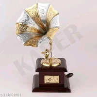KAPER Gramophone Showpiece for Home Decor Antique Wooden Vintage Brass Showpiece Items for Living Room. - Gold