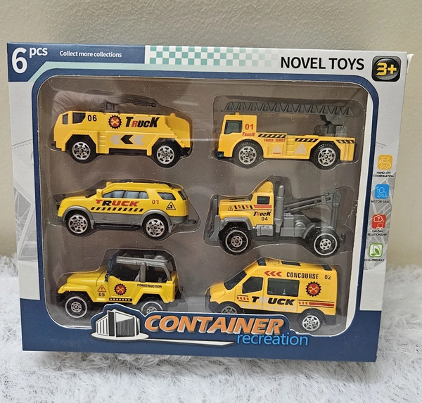 DIE Cast Model Power Friction, Push and Go Miniature Truck Vehicles, Crawling Racing Car Toy for Kids 3 Years & Above (Pack of 6, Yellow)