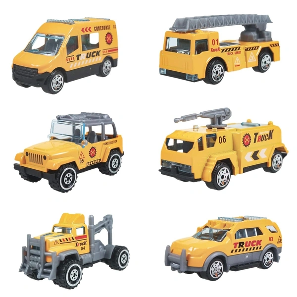 DIE Cast Model Power Friction, Push and Go Miniature Truck Vehicles, Crawling Racing Car Toy for Kids 3 Years & Above (Pack of 6, Yellow)