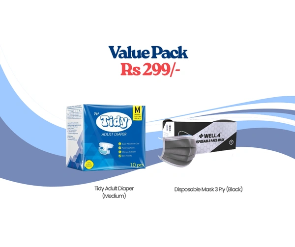Tidy Adult Diaper (Medium Size) + Disposable Black Face Masks (3 Ply)