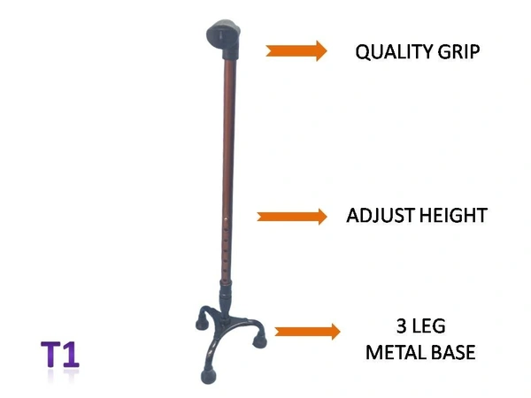 Tripod Walking Stick | 3 Leg Metal Base | Adjustable Height | T1