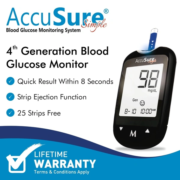 AccuSure Simple Digital Glucometer Kit | Blood Glucose Machine | 25 Strips Included
