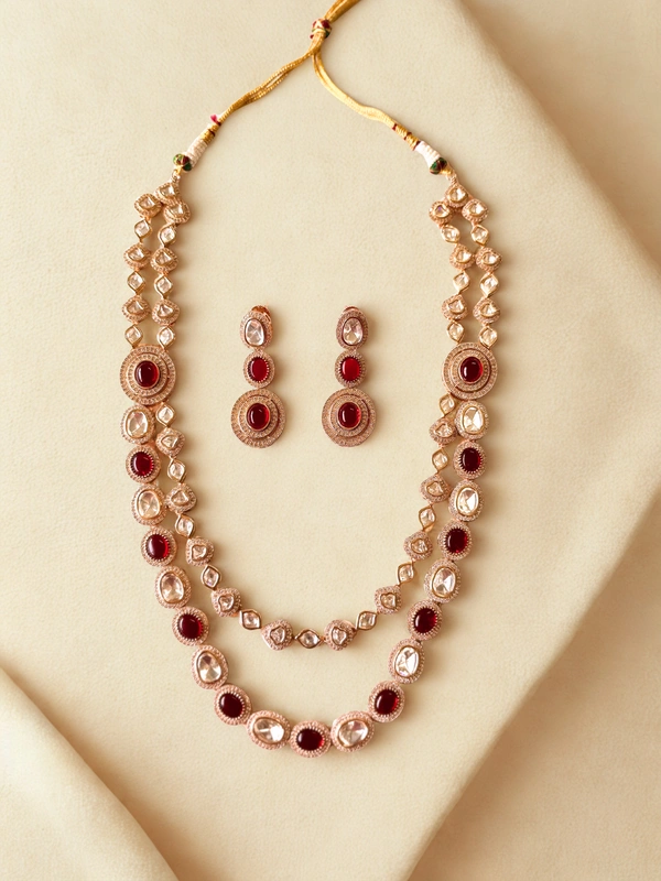 Radhika 2 Layer American Diamond - 50 cms out side, White & Maroon, 122 gms