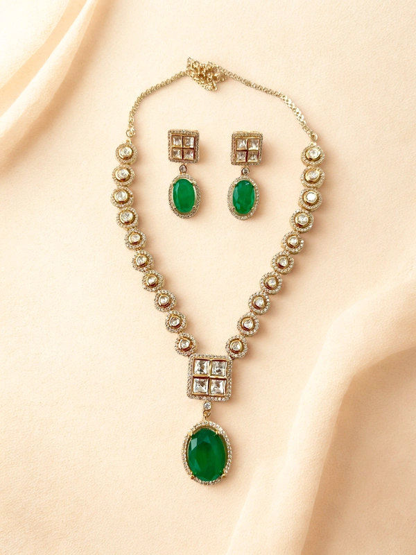Radhika American Diamond - 23 cms, White & Green, 47 gms