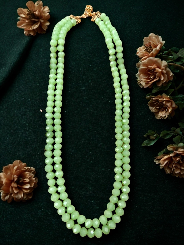 Radhika Beaded 2 layer Crystal Necklace - 51 cms longest, Light Green, 73 gms