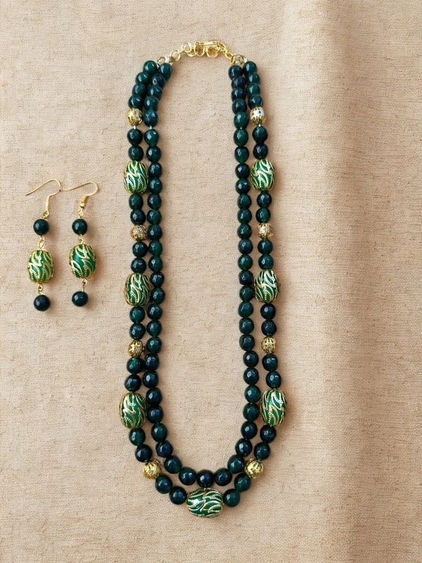 Radhika Beaded 2 layer Necklace - 50 cms Longest, Varients of Dark Green, 87 gms