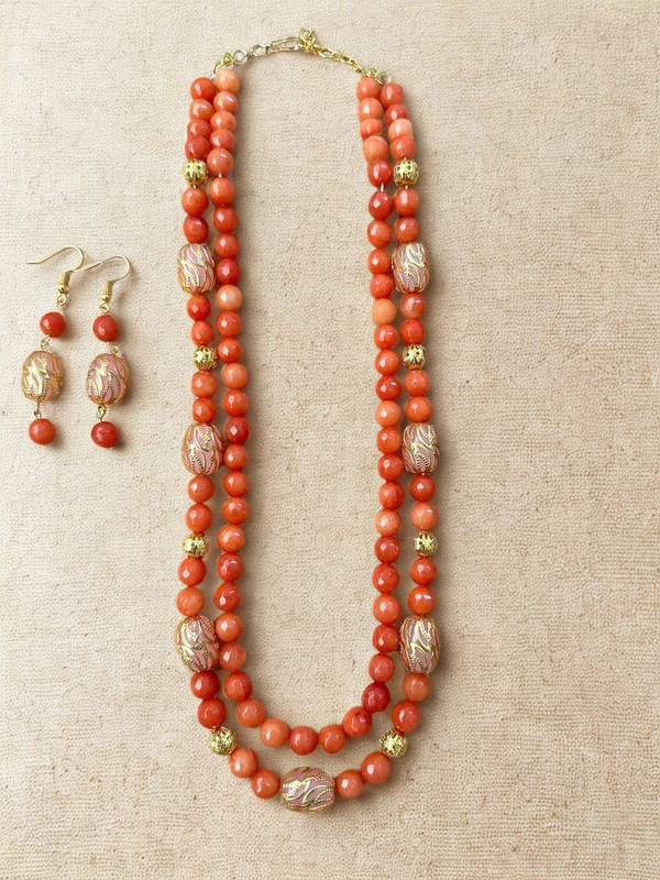Radhika Beaded 2 layer Necklace - 50 cms Longest, Varients of Orange, 87 gms