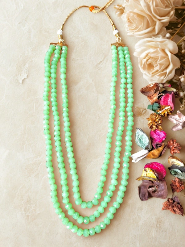 Radhika Beaded 3 layer Crystal Necklace - 50 cms Longest, Light Green, 107 gms