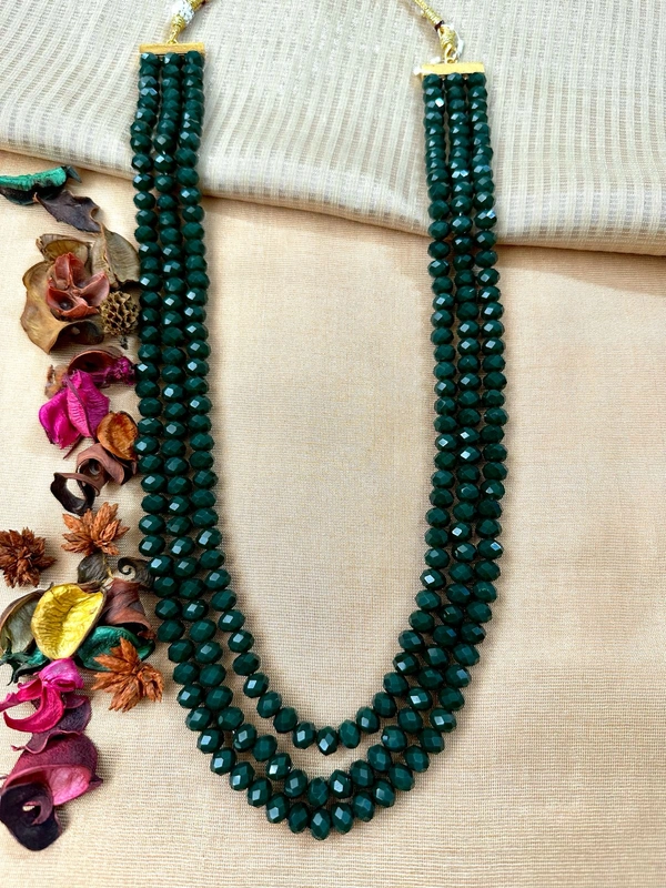Radhika Beaded 3 layer Crystal Necklace - 50 cms Longest, Dark Green, 128 gms